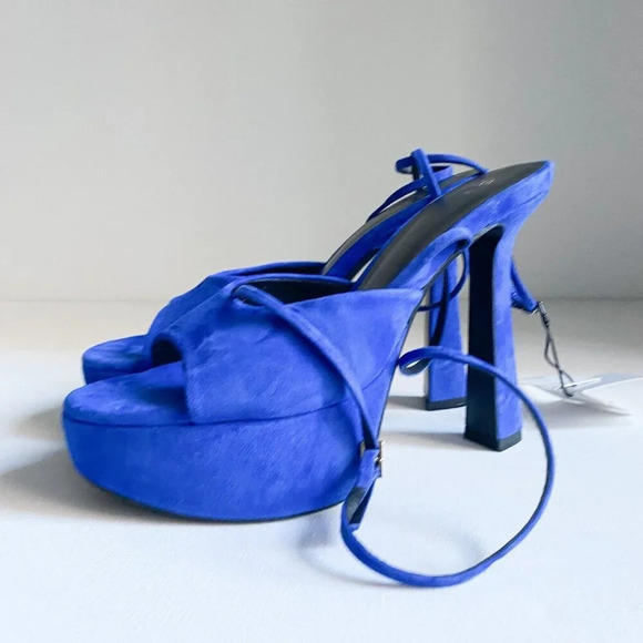 Zara Suede Blue High  Heel Platform Open Tie Tie Ankle Heels 40 - Picture 4 of 8